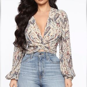 Fashion Nova Paisley Gold & Ivory Crop Blouse